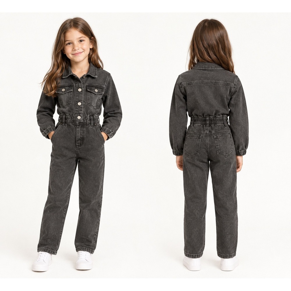 Zara Denim Jumpsuit Kids Size 8 Grey Excellent Puff Sleeve Elastic Waist Wash